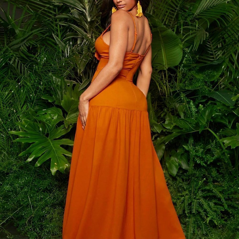 Orange Preppy Womens Solid Knot Front Cut Out Ruffle Hem Cami Dress - Picture 2 of 5